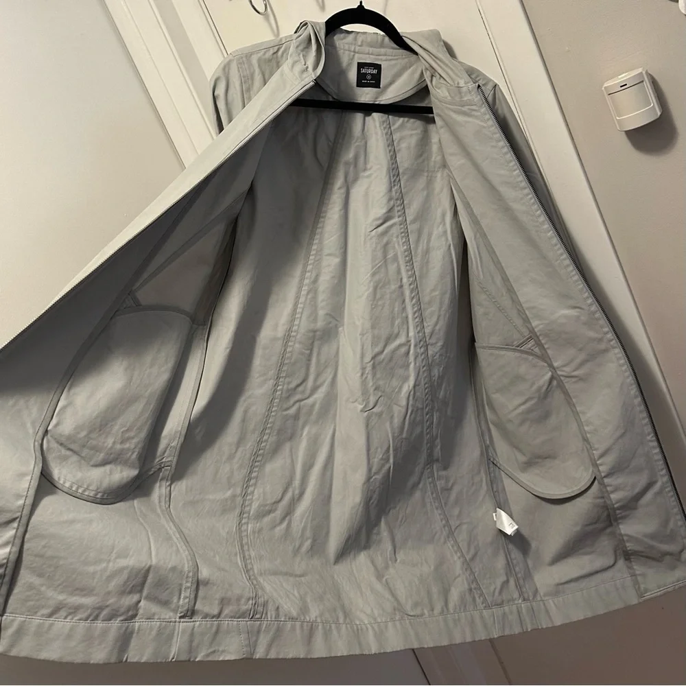 Kate Spade Saturday Gray Rain Trench Coat M Unlined Hooded Full Zip Pockets